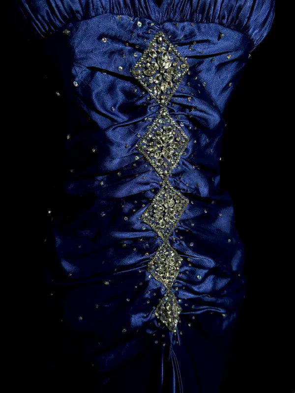 Blue exquisite beaded spaghetti strap satin long prom dress evening dress party dress graduation dress nv4264
