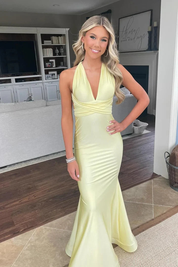 Yellow Fashion Elegant V-neck Backless Lace-up Long Mermaid Satin Formal Women Ball Gown Evening Dress Party Dress Prom Dress nv3930