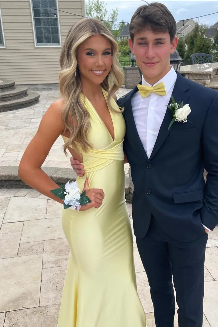 Yellow Fashion Elegant V-neck Backless Lace-up Long Mermaid Satin Formal Women Ball Gown Evening Dress Party Dress Prom Dress nv3930