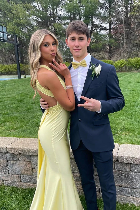 Yellow Fashion Elegant V-neck Backless Lace-up Long Mermaid Satin Formal Women Ball Gown Evening Dress Party Dress Prom Dress nv3930