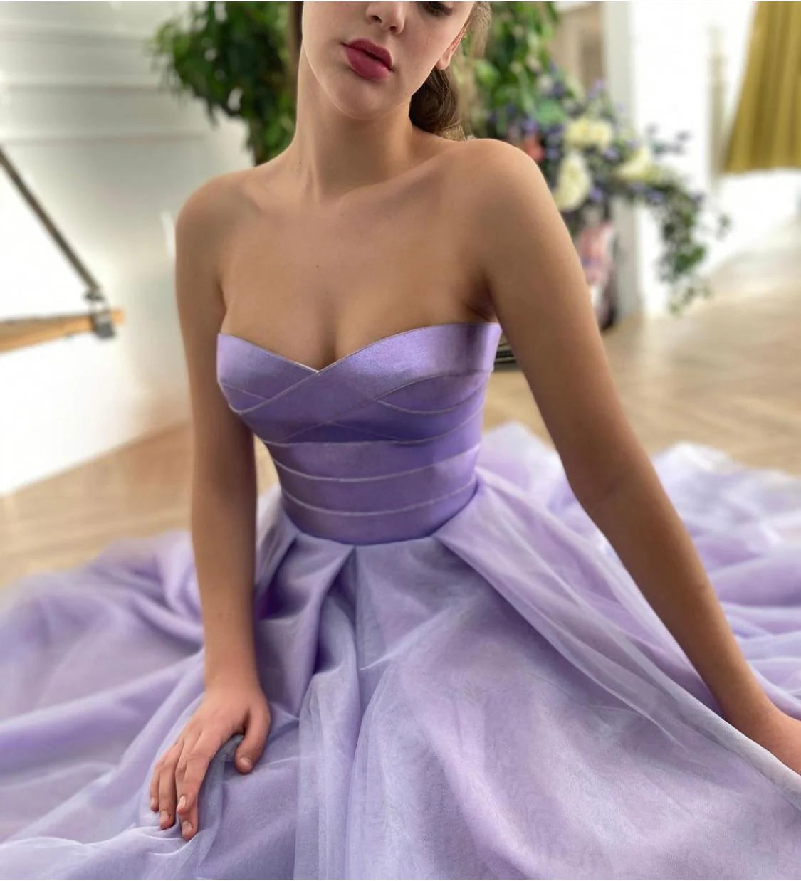 Satin Lavender Sweetheart Evening Prom Dress A LIne Tulle Party Gowns Ankle Length graduation robes nv1635