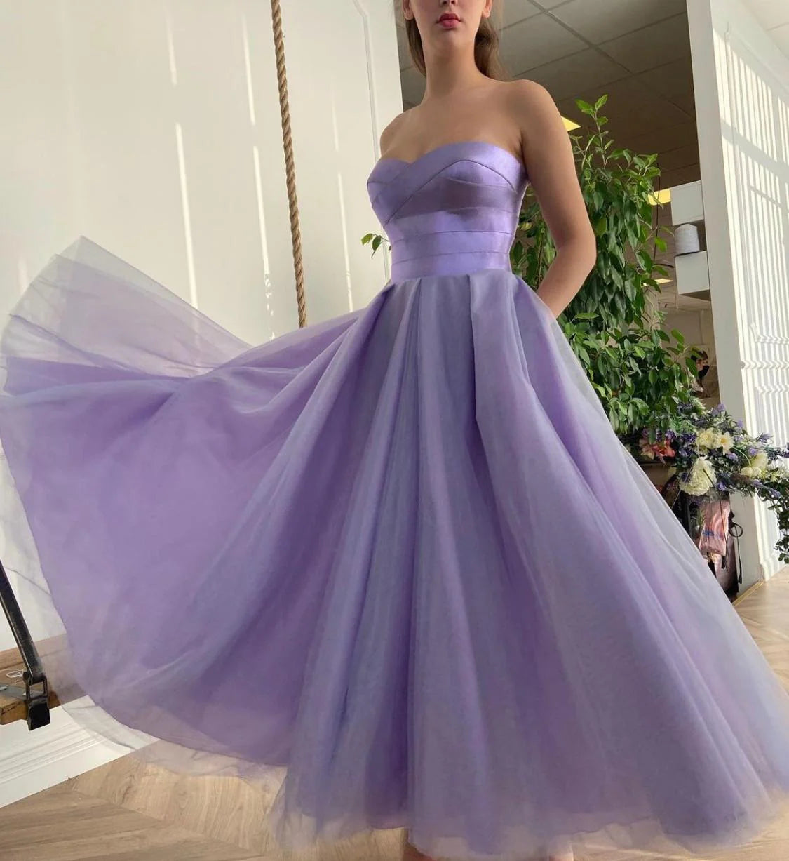Satin Lavender Sweetheart Evening Prom Dress A LIne Tulle Party Gowns Ankle Length graduation robes nv1635