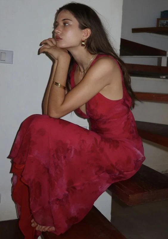 Charming Deep V Neck Satin Printed Floral Long Evening Gown Ball Gown nv1796