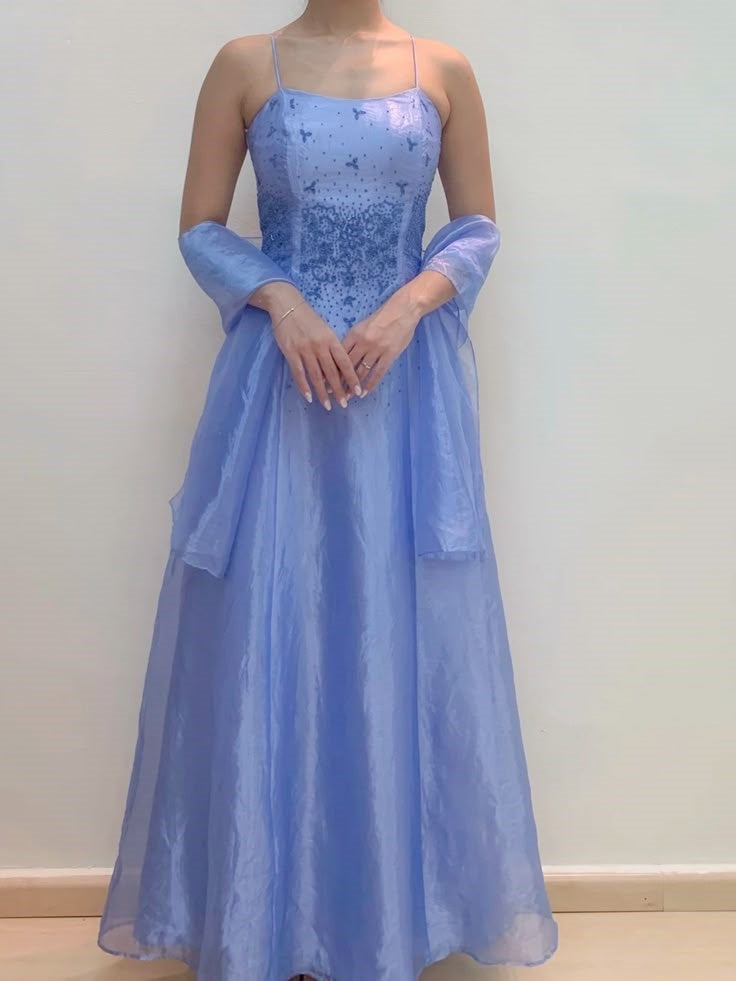 Blue exquisite beaded shiny spaghetti straps elegant fashion long tulle ball gown evening dress party dress prom dress nv3796