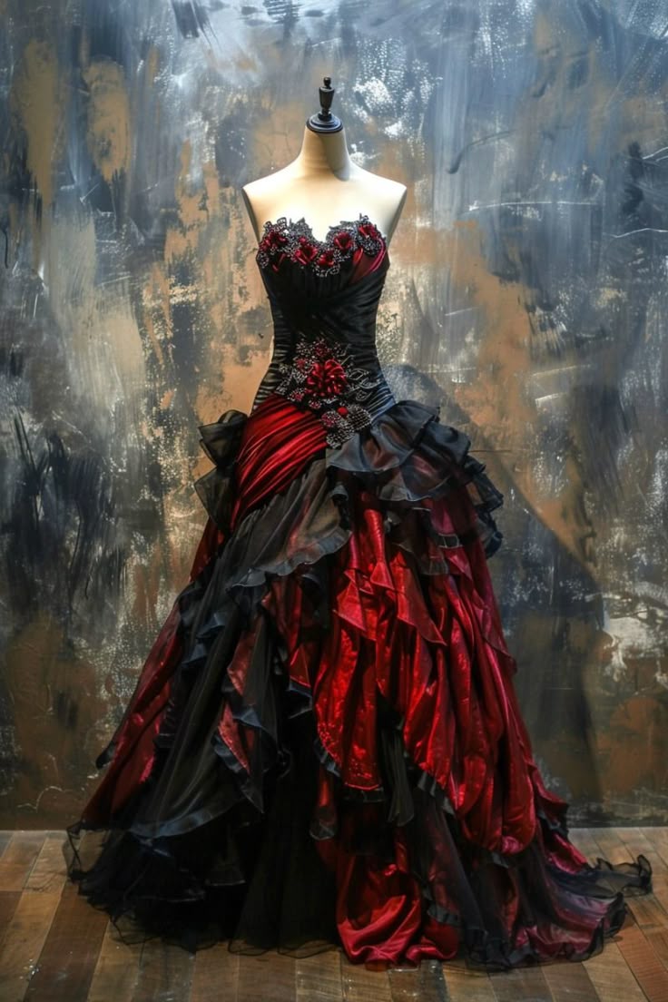 Robe de soirée à traîne en satin noir et rouge | Robe de soirée à thème gothique floral 3D NV6320