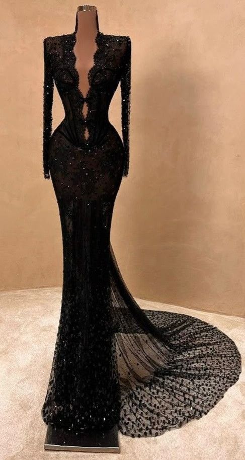 NiceVestidos-_Black, luxurious, glamorous, sheer, sexy, delicately beaded, long floor-length evening gown with long sleeves. NV6050