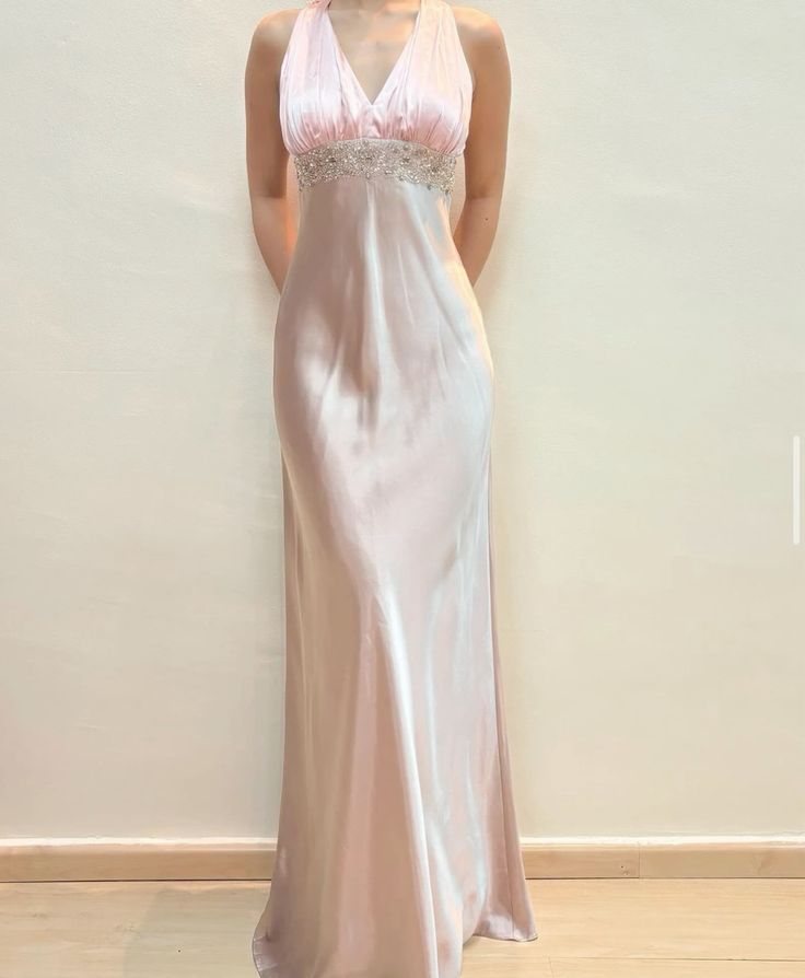 Pink Vintage Elegant Exquisite Beading V-Neck Long Satin Ball Gown Evening Dress Party Dress nv3644