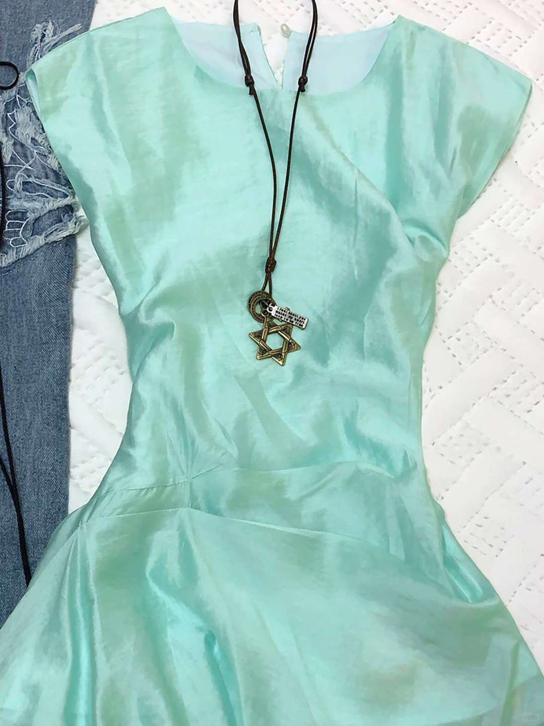 Mint Green Satin Short Homecoming Dress Round Neck Cap Sleeve A-Line Asymmetrical Hem Vintage Cocktail Gown NV6917