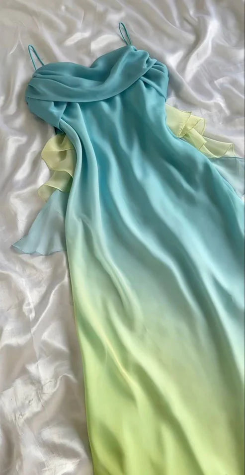 Orange Pink/Teal Unique Long A-Line Spaghetti Strap Ombre Chiffon Evening Gown Party Dress nv4347