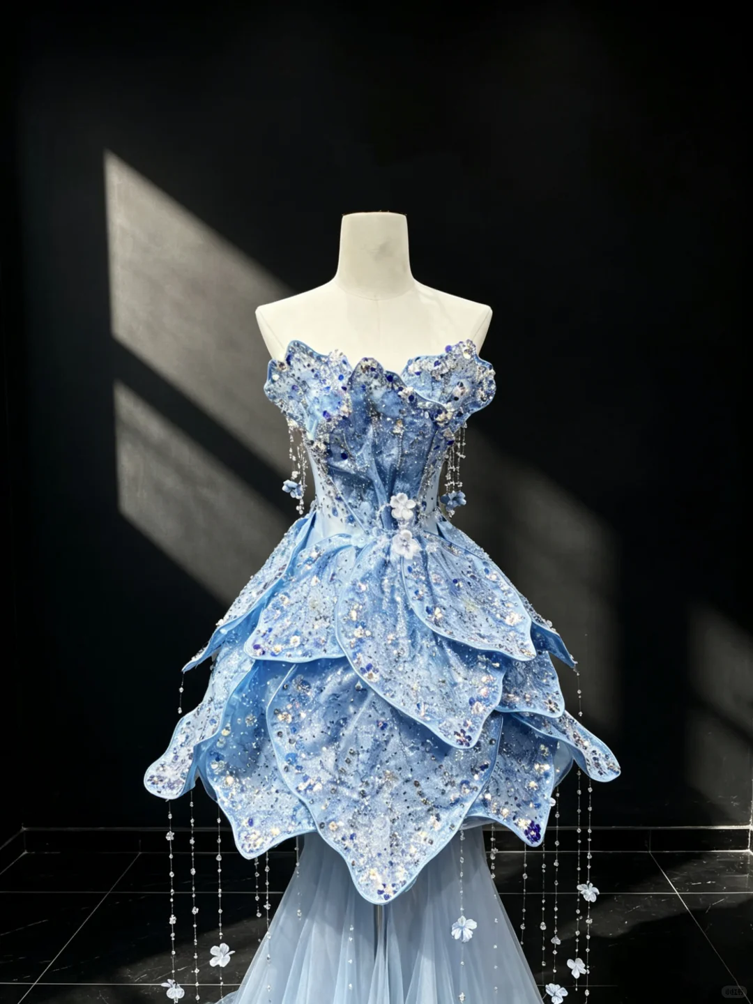 Light Blue Strapless 3D Petal Mermaid Evening Gown Sequin Rhinestone Beaded Tassel 2-in-1 Tulle Long Train Prom Dress NV6998