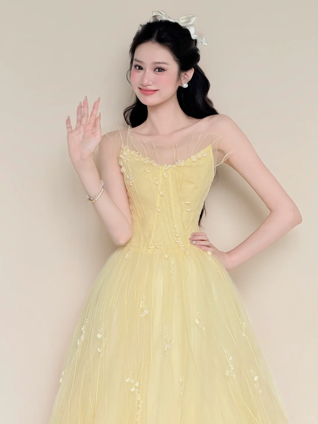 Off Shoulder Pale Yellow Pearl Floral Tulle Evening Ball Gown NV7430