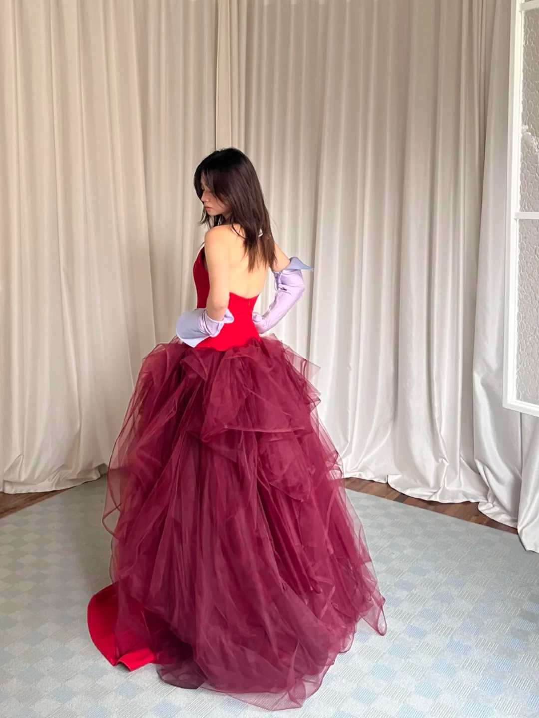 Red Halter Deep V Tulle Evening Gown with Brown Layered Overskirt NV7193