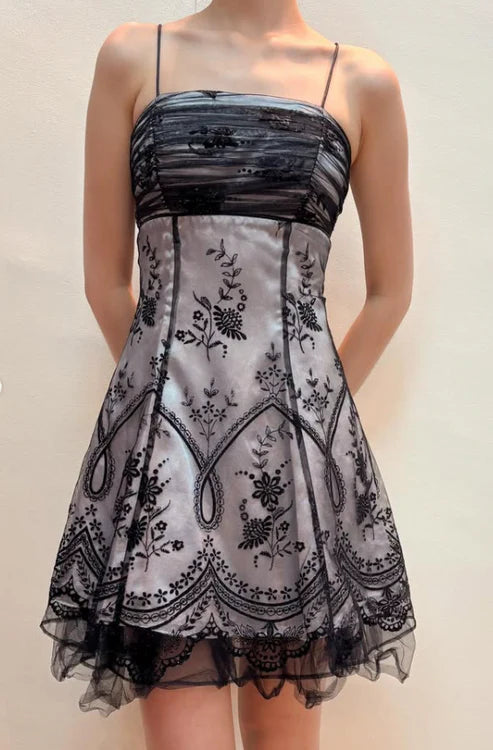 Grey and black chic homecoming dress floral spaghetti strap chiffon short party dress nv4346