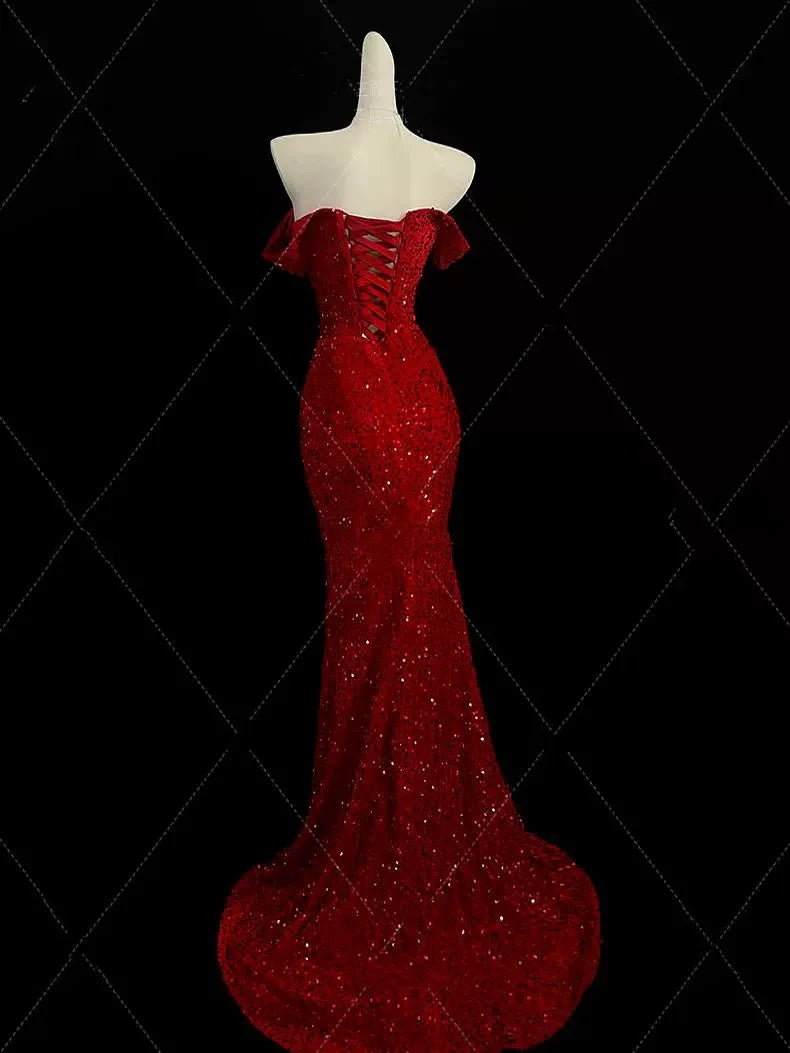 Classy Mermaid Sweetheart Red Slit Sequin Long Evening Gowns Prom Dress nv4151