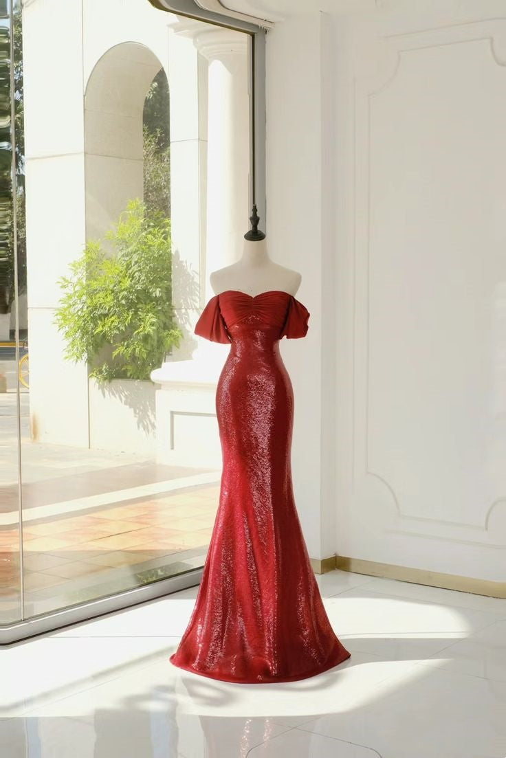 Rotes, kurzärmliges, elegantes, glänzendes, langes Ballkleid mit Pailletten, Abendkleid, Partykleid, NV2953