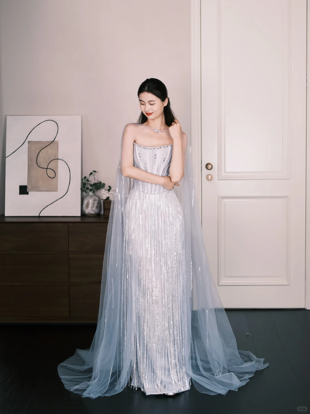 Light Silver Beaded Fringe Mermaid Prom Gown With Sheer Tulle Cape NV7276