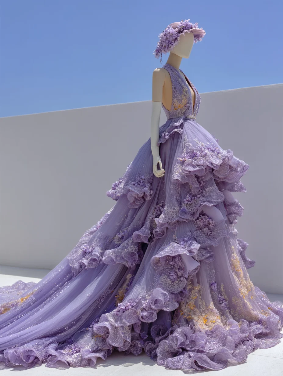 Lavender Purple Halter Fairy A-Line Gown with Cascading Ruffle & 3D Florals NV7507