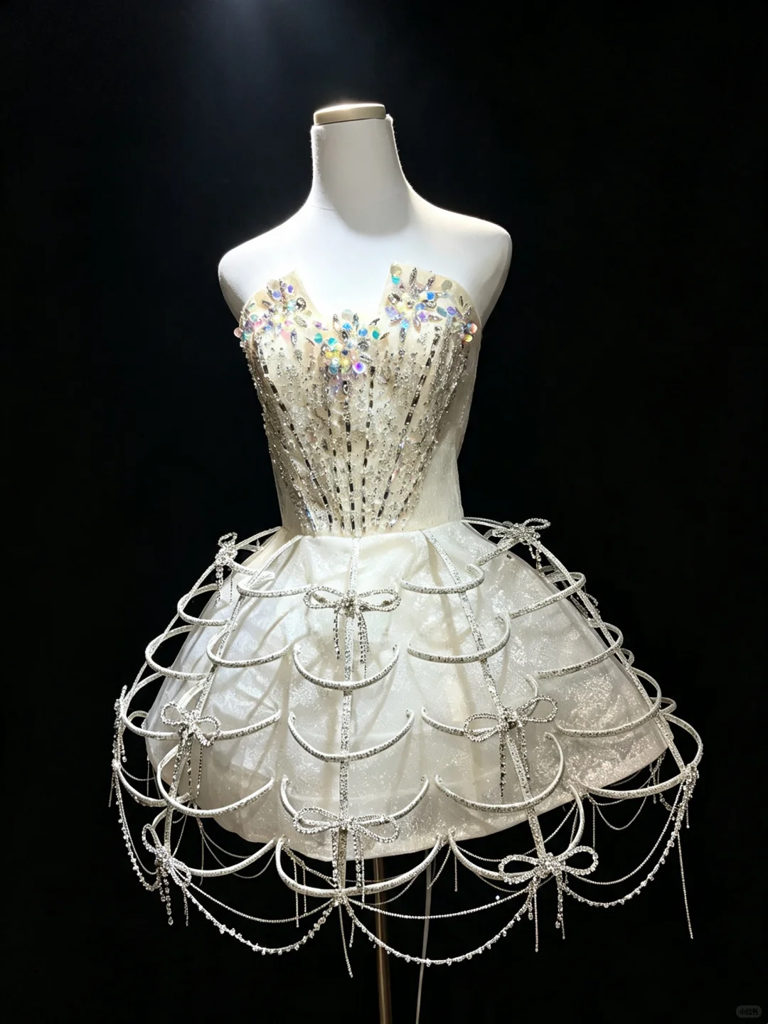 Ivory Strapless Sweetheart Cage Skirt Dress Crystal Chain Tassel Big Champagne Bow Back Runway Prom Gown NV6934