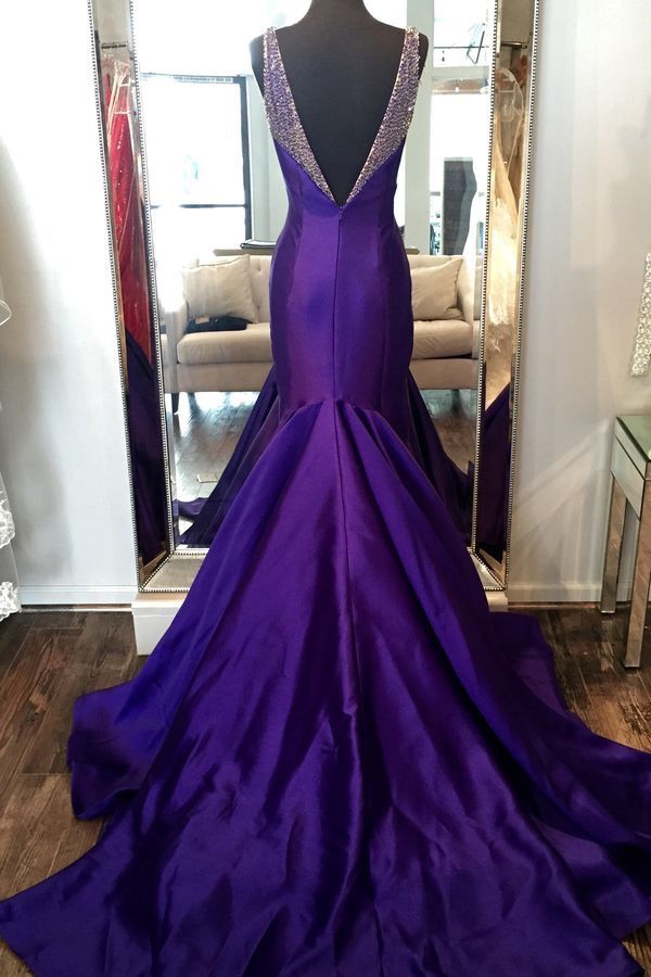 Lila Elegante Mode V-ausschnitt Exquisite Pailletten Lange Satin Boden-länge Schleppe Ballkleid Abendkleid Partykleid nv3633
