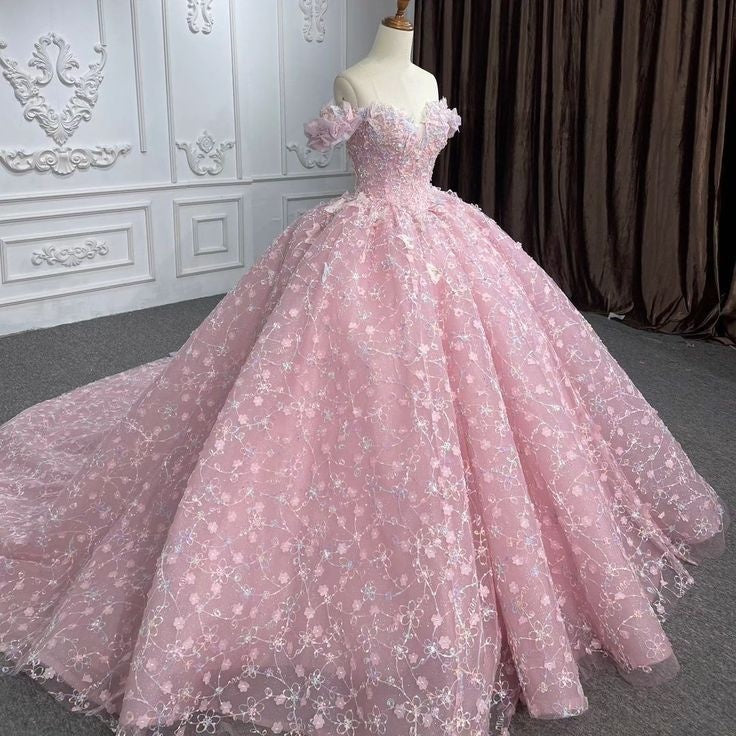 Robe de bal longue en tulle rose à fleurs NiceVestidos NV6125