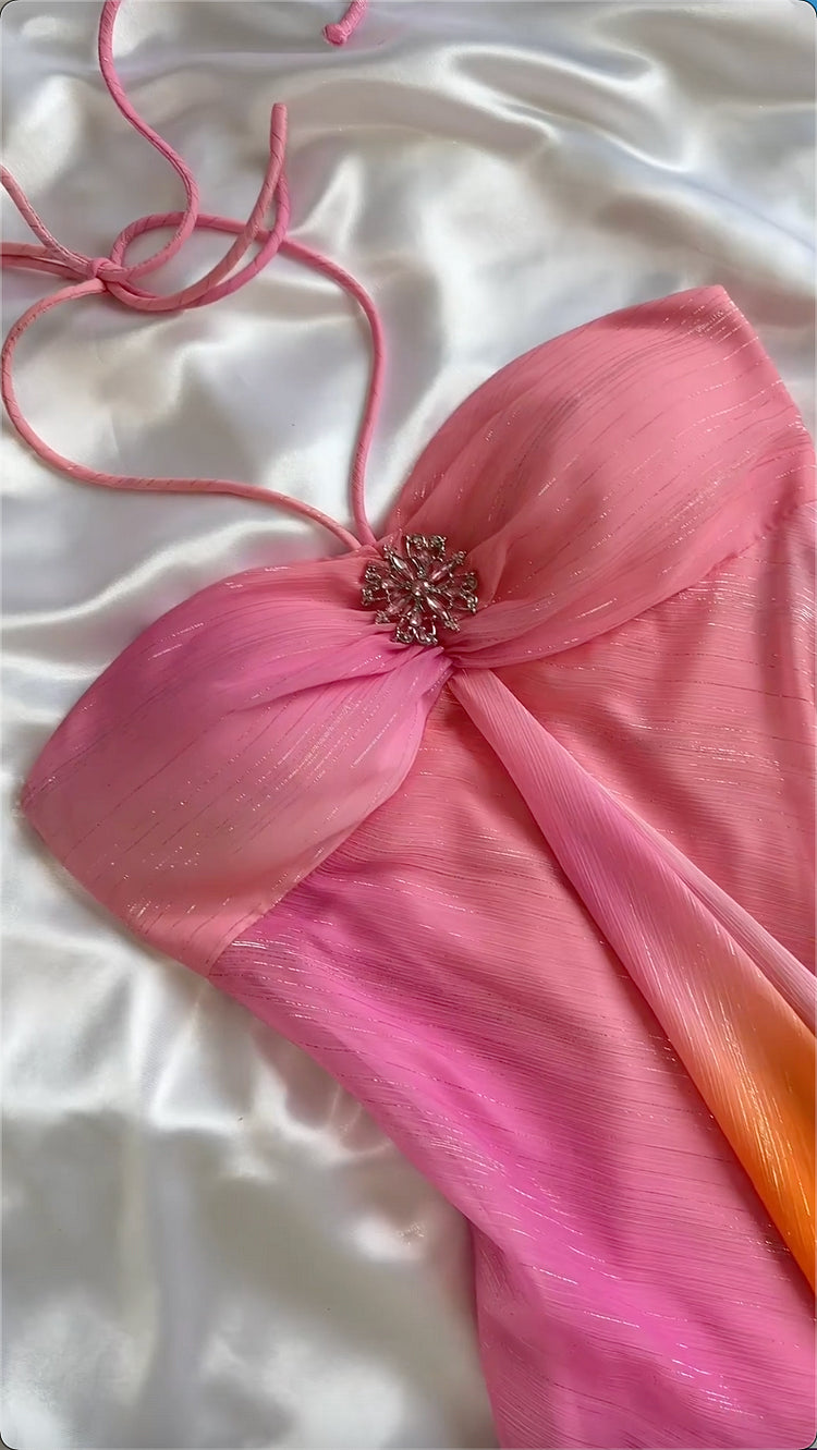 Rosa Farbverlauf Mode Exquisite Perlen Spaghetti Strap Lange Chiffon Abendkleid Party Kleid prom dressnv3579