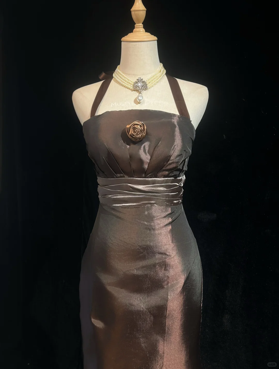 Halter Bronze Vintage Midi Prom Dress Shiny Taffeta 3D Fabric Rose Ruffled Mermaid Hem Formal Gown NV6897