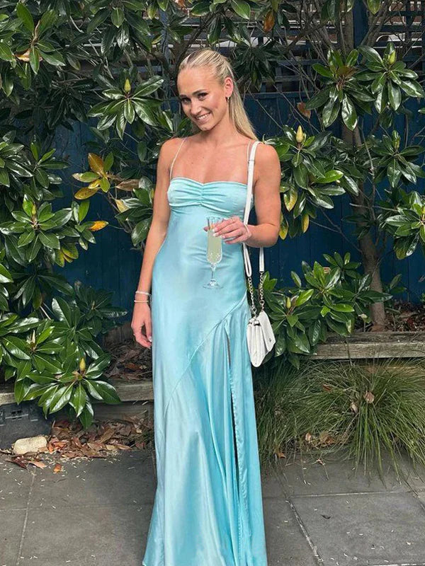 Blue simple elegant spaghetti straps long side slits slim fit ball gown evening dress party dress nv1640