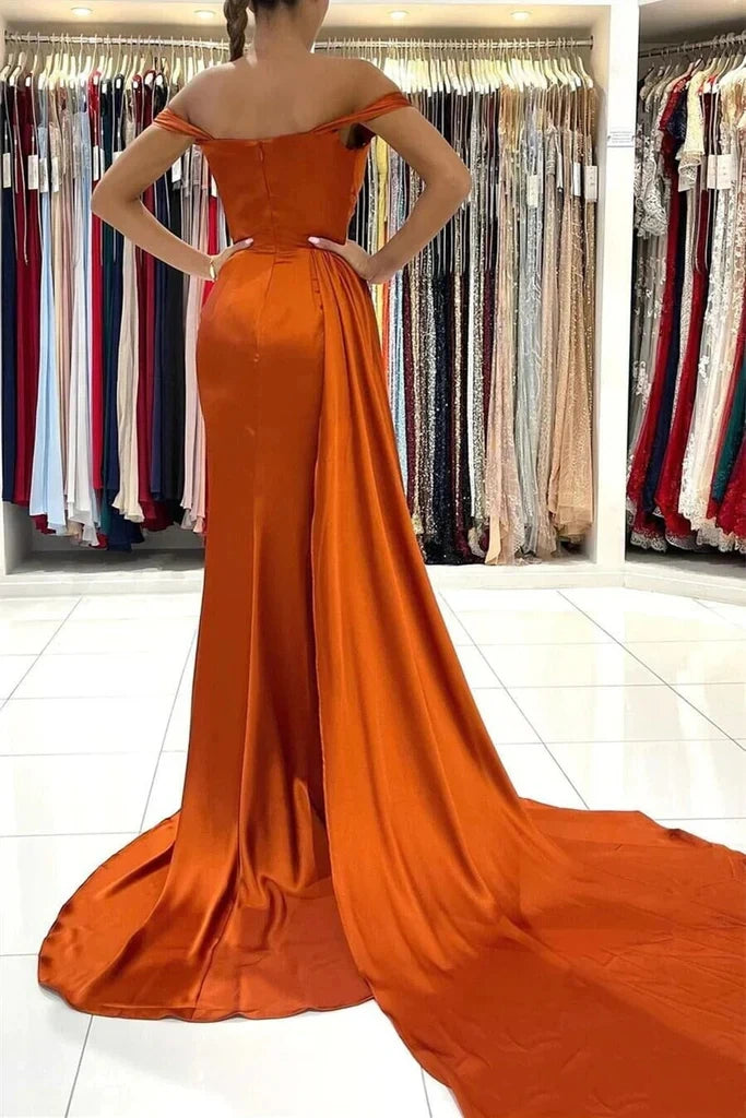 Elegant Off Shoulder Side Slit Mermaid Burnt Orange Satin Long Bridesmaid Dresses nv1677