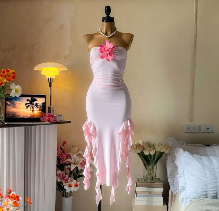 Pink Fashion Sweet Floral Tube Top Long Chiffon Ruffle Slim Fit Ball Gown Evening Dress Party Dress nv3658