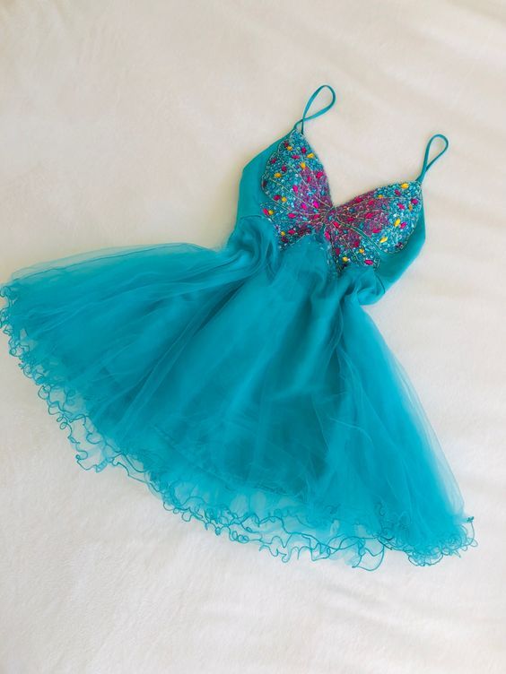 Teal Butterfly Beaded Short Chiffon Fantasy Fairy Homecoming Dress Birthday Party Dress nv5191
