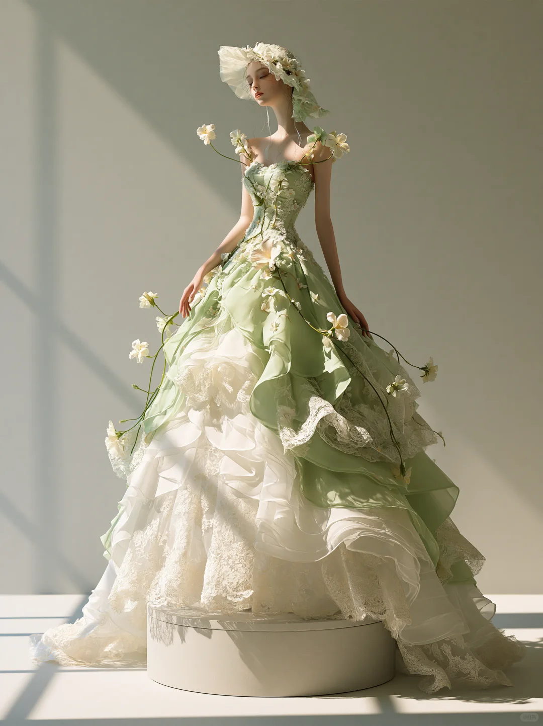 Strapless Green Lace Fairy Evening Gown, Cascading 3D Flowers, Ruffled Organza Ball Gown for Photoshoot NV7465