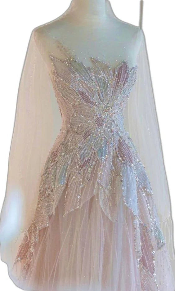 Pink Sweet Sparkling Off-the-shoulder Beaded Long Elegant Tulle Formal Prom Dress Evening Gown nv3475