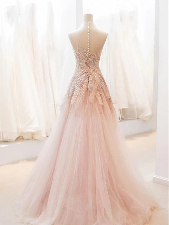 Pink Sweet Sparkling Off-the-shoulder Beaded Long Elegant Tulle Formal Prom Dress Evening Gown nv3475