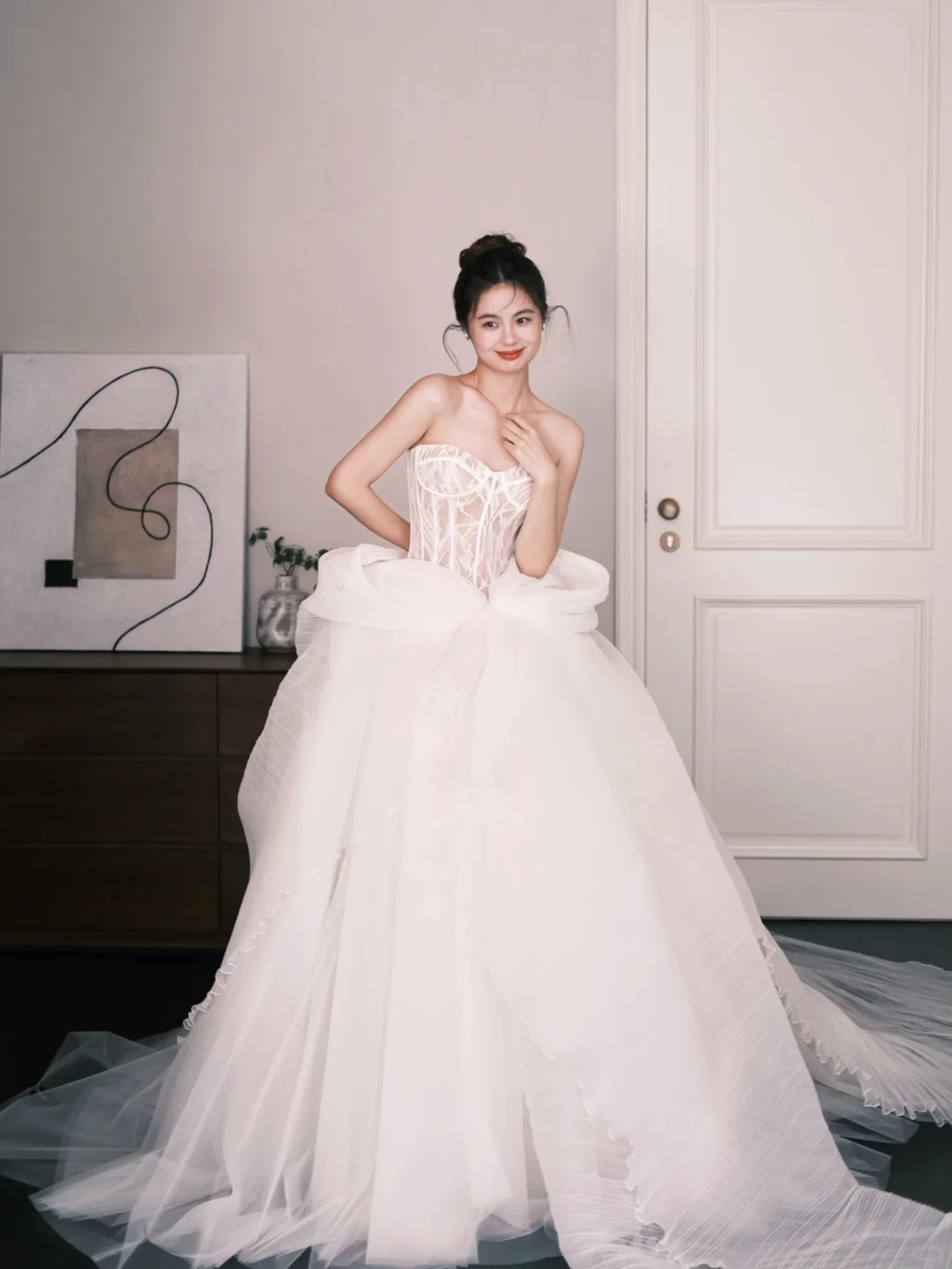 Sweetheart Sheer Lace Corset Wedding Dress, Big Bow Tulle Ballgown with Train NV7352