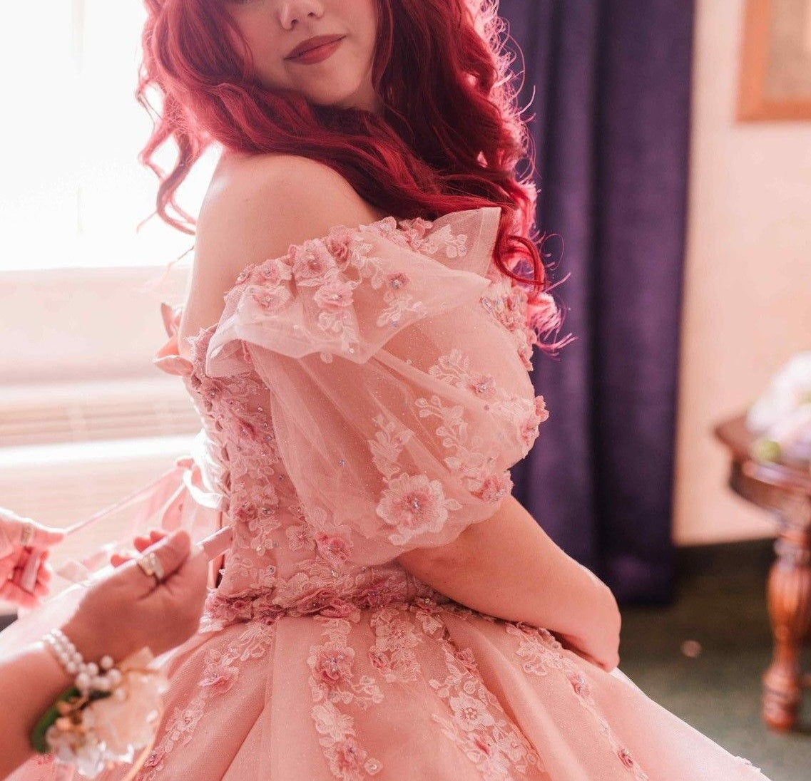 NiceVestidos--Pink exquisite lace floral long floor-length ball gown wedding dress NV5832