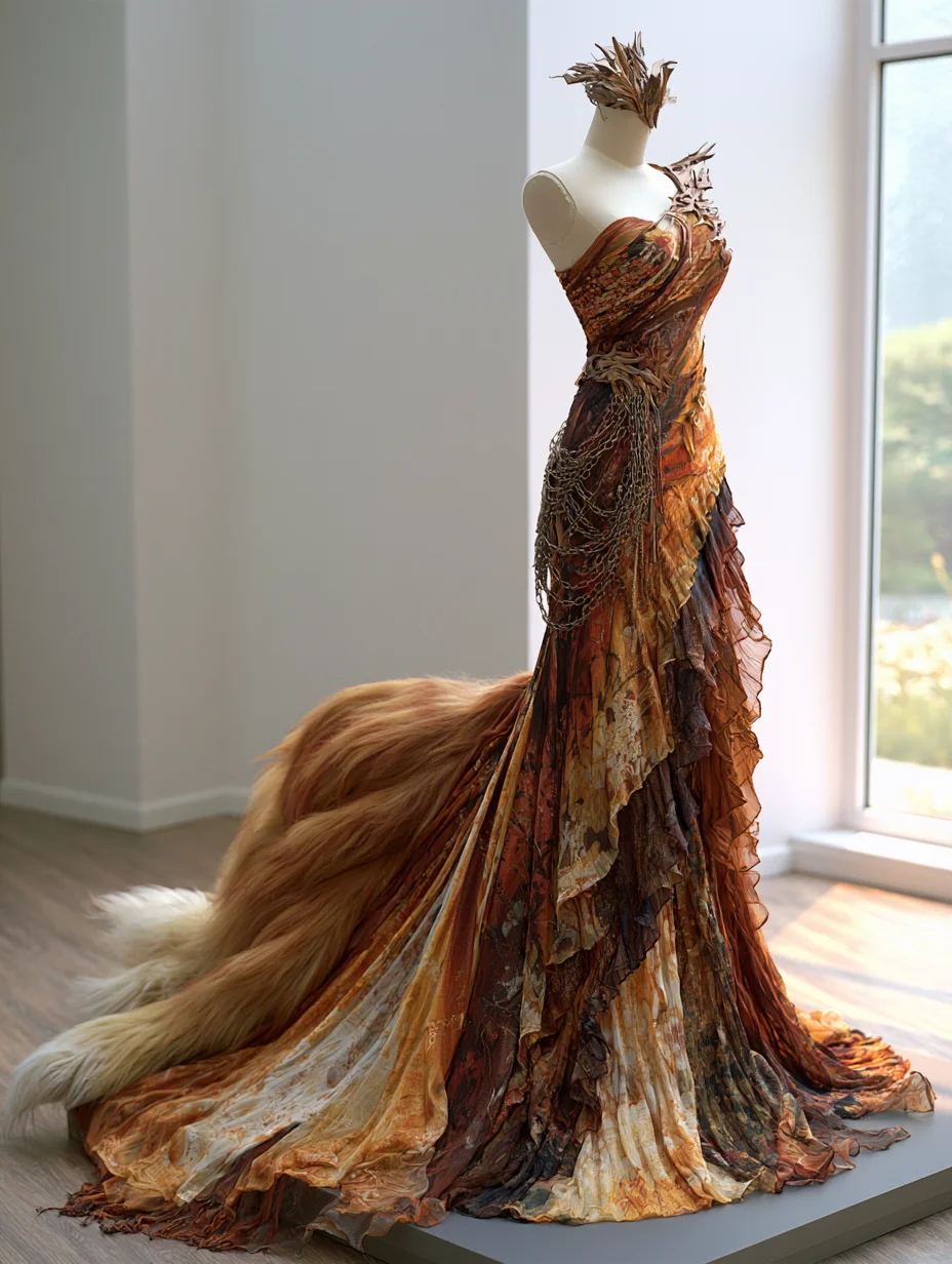 Brown Orange One Shoulder Fox Tail Mermaid Fantasy Gown NV7474