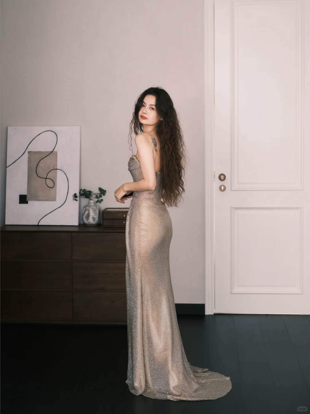 Strapless Champagne Rhinestone Mesh Prom Dress with High Side Slit NV7378