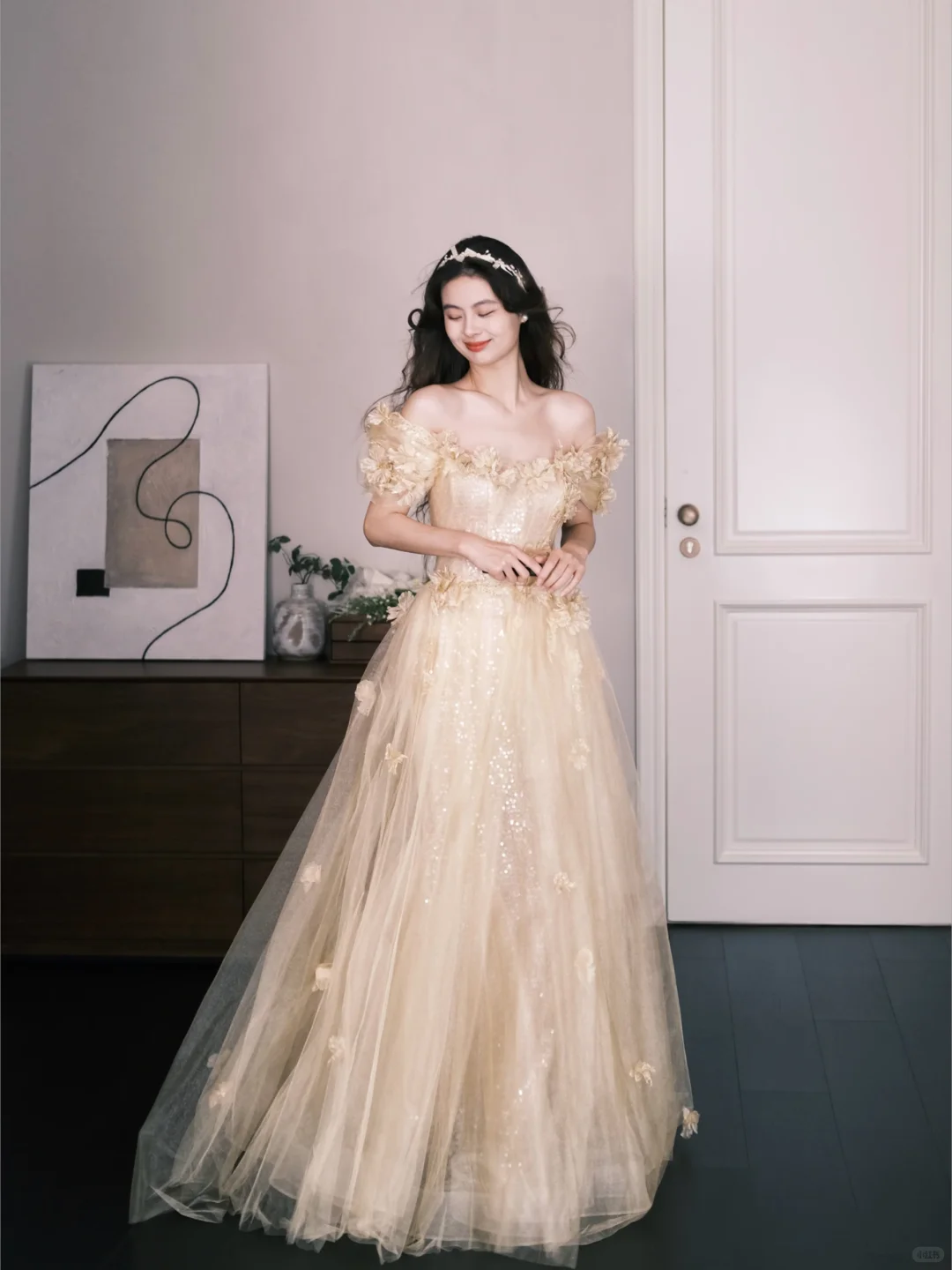 Off-the-Shoulder Champagne Sequin Tulle Prom Dress, 3D Flower Princess Ball Gown NV7309