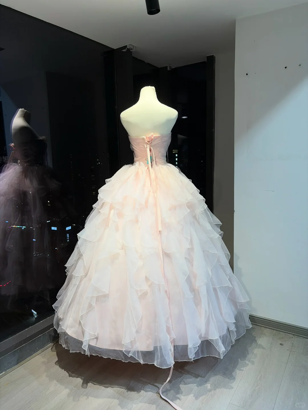 Dusty Pink Strapless Ball Gown Pleated Bodice Tiered Ruffle Tulle With Satin Bow Fairy Prom Dress NV6938