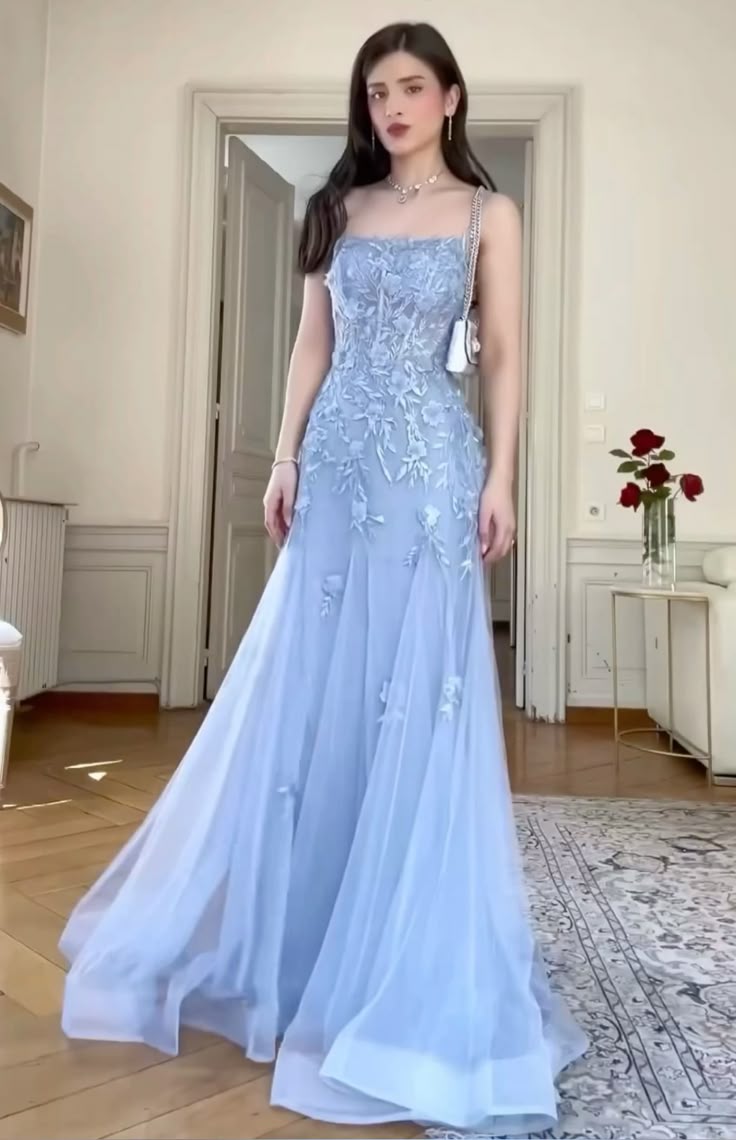 Blue stylish elegant exquisite embroidered spaghetti straps long tulle off-shoulder floor-length ball gown, evening dress, party dress nv3716