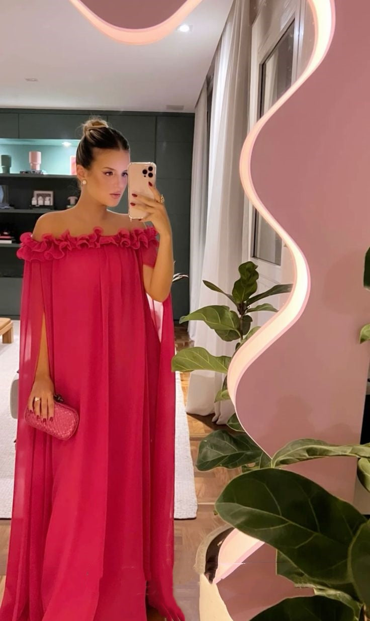 Rot/Rosa Spitzenausschnitt Langes Chiffon Ballkleid Abendkleid Hochzeitsgast Partykleid nv3199