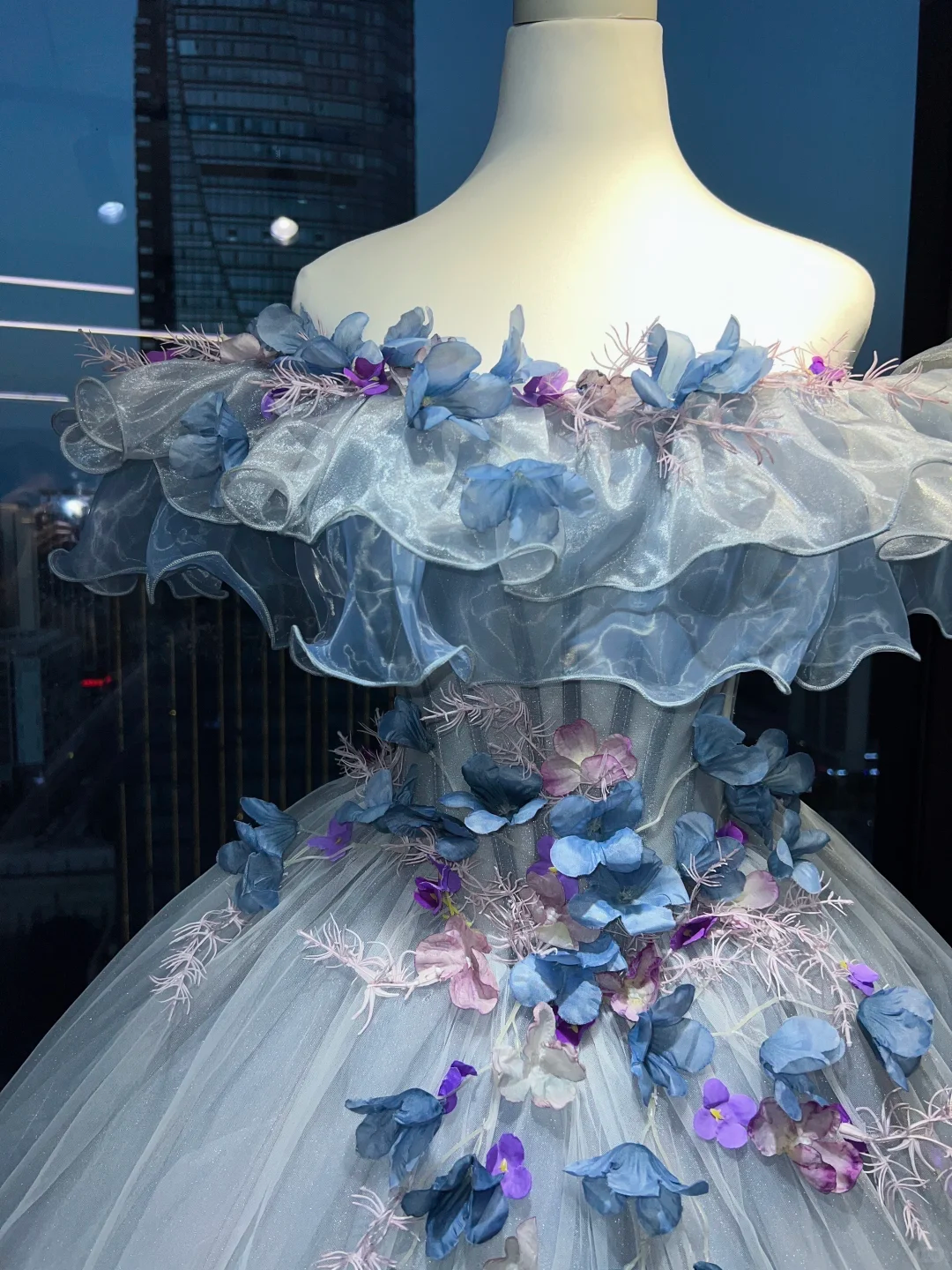 Light Gray Blue Off Shoulder Princess Ball Gown Corset 3D Gradient Floral Tiered Organza Ruffle Long Evening Gown NV7003