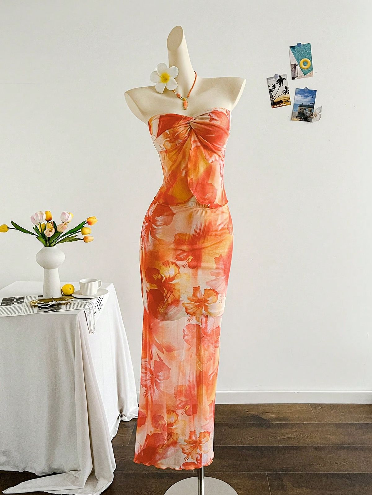 NiceVestidos - Robe de soirée longue en mousseline à fleurs orange NV5964