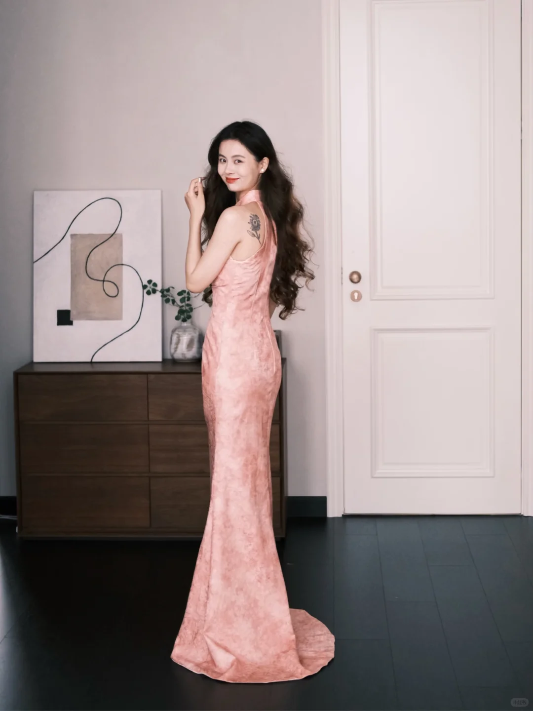 New Chinese Cheongsam Evening Dress Halter Pink 3D Floral Mermaid Gown NV7250