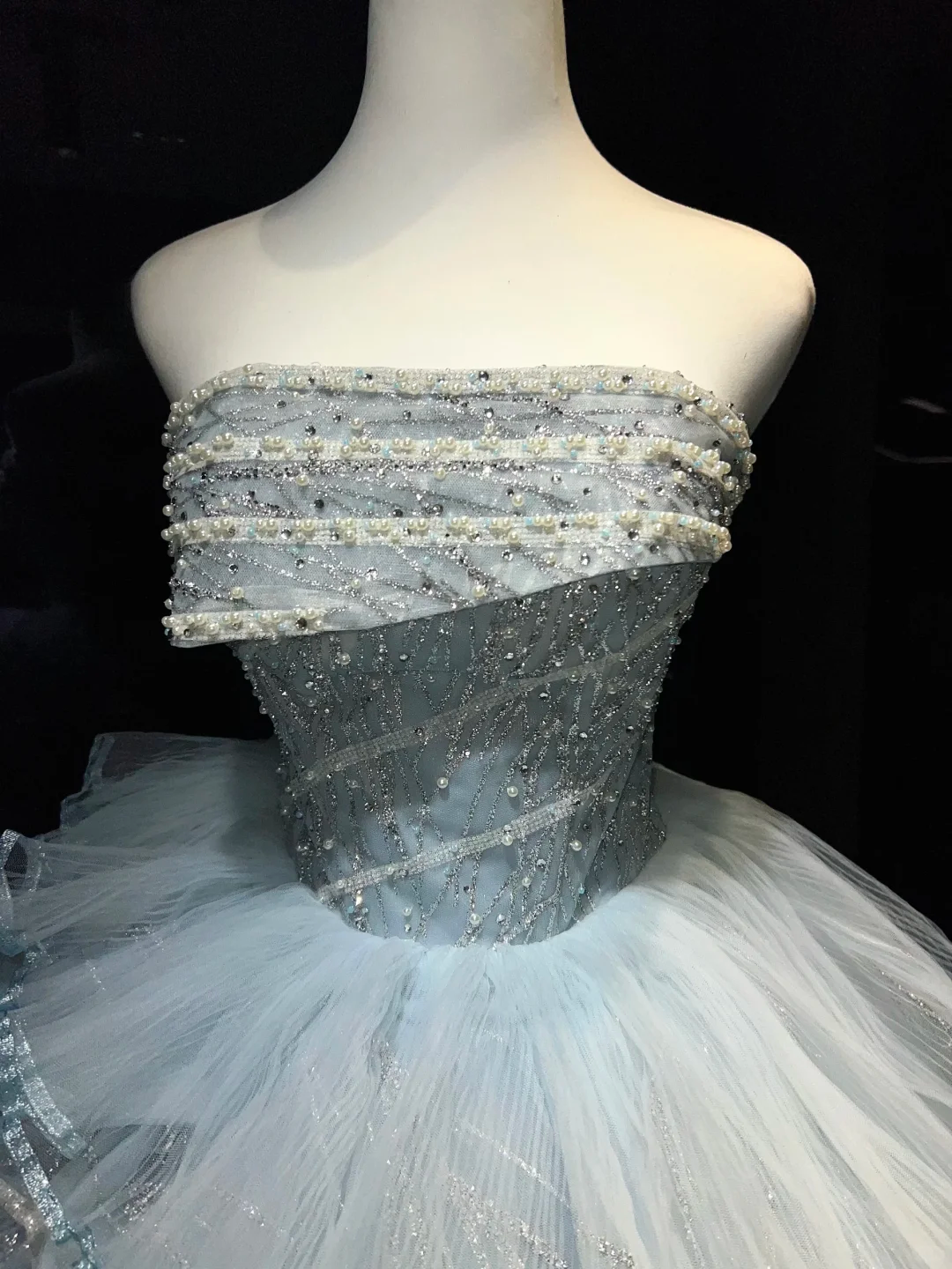 Light Ice Blue Sparkly Tulle Long Evening Gown Strapless Tiered Puffy Ball Gown Prom Dress NV7069