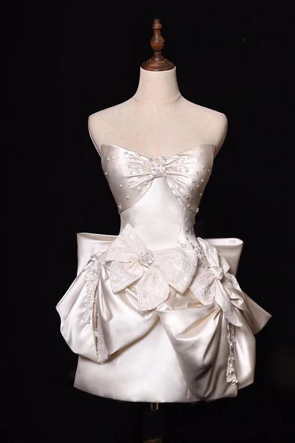 White exquisite beading fashion short satin homecoming dress birthday party dress nv5284
