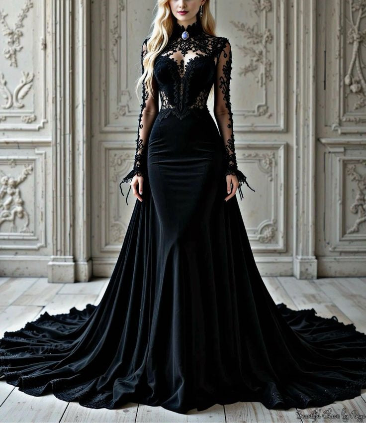 Robe de soirée sirène en velours et dentelle, col montant, manches longues et traîne - Collection Gothique NV6326