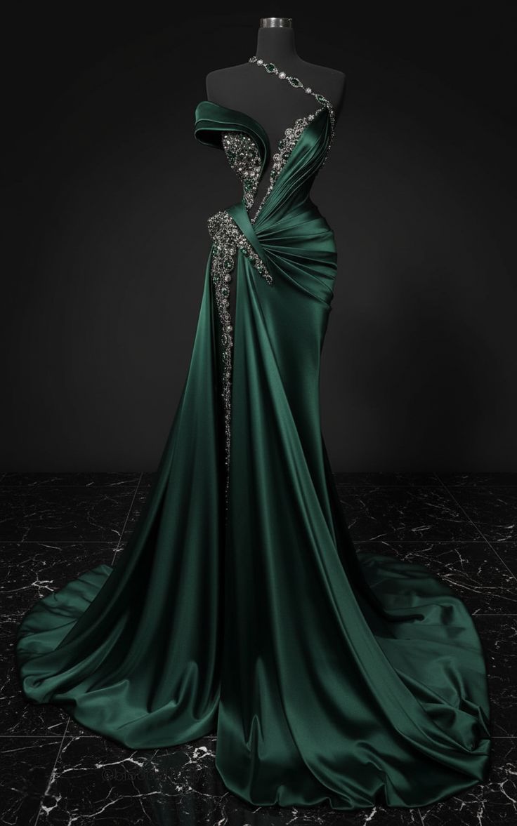 Robe longue en satin vert luxueux ornée de perles exquises NV6685