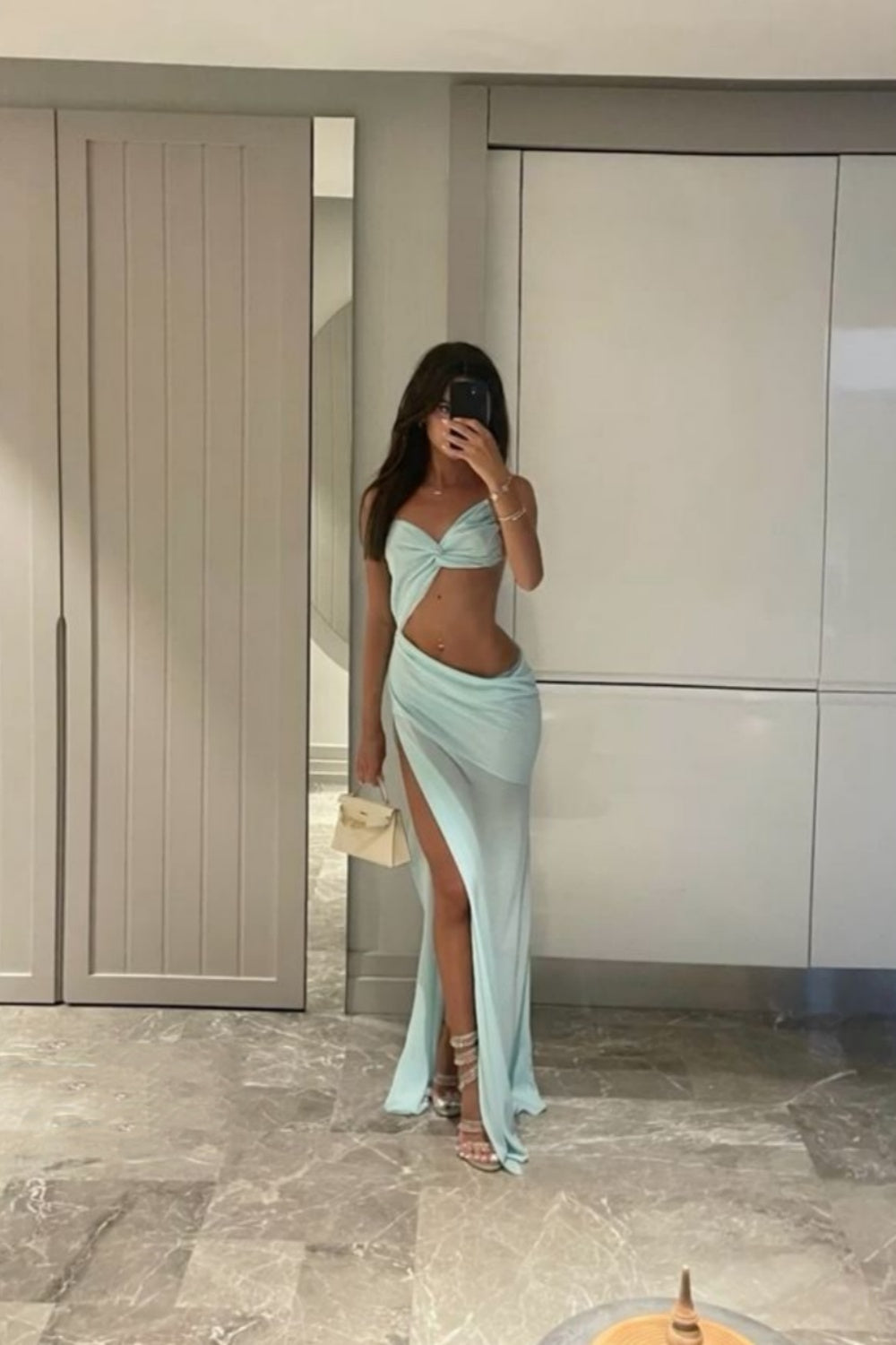 Green fashion simple exquisite long satin sexy slit waist evening dress party dress nv3512