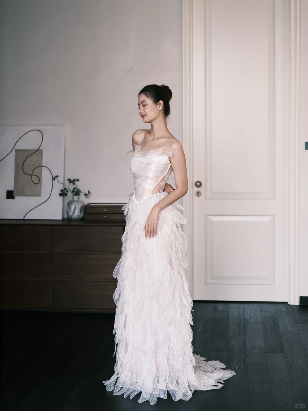 Off Shoulder Sheer Leaf Petal Tulle Bridal Gown, Boned Corset Wedding Dress NV7362